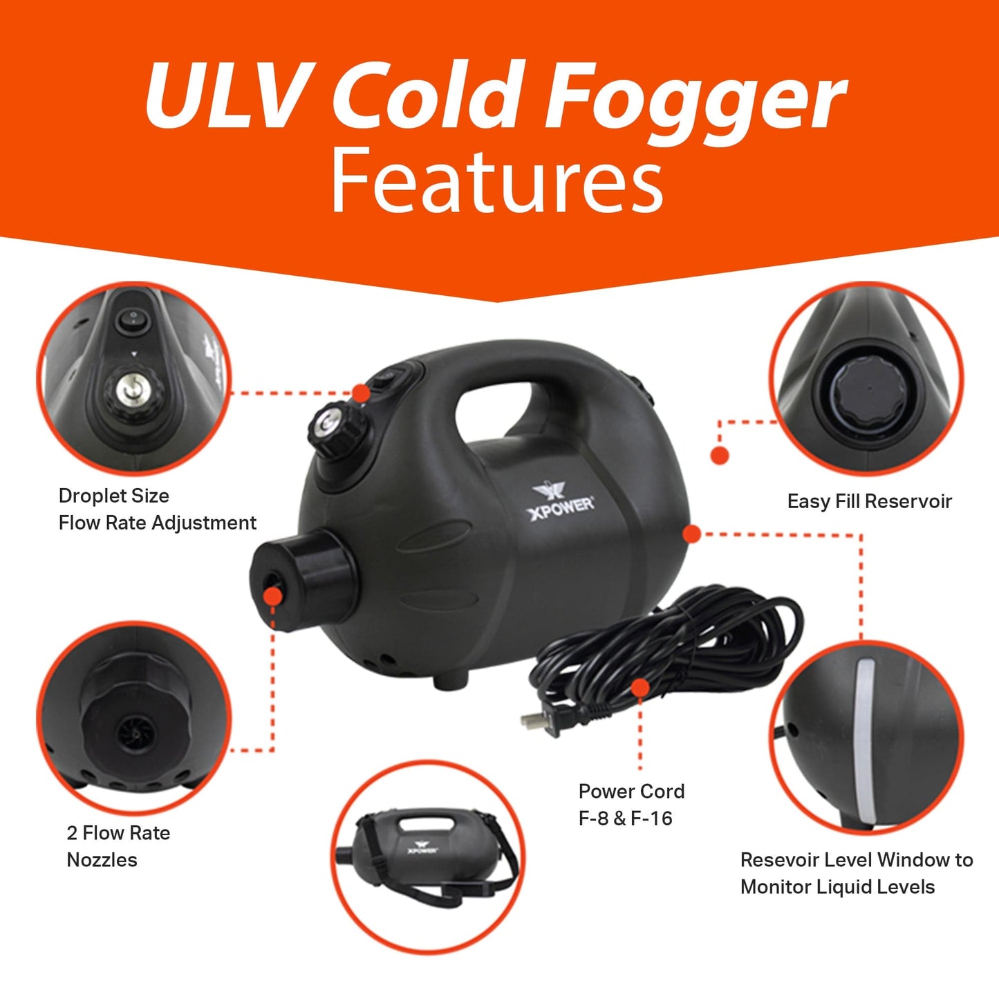 XPOWER F-8B ULV Cold Fogger Battery Powered Rechargeable Cordless Fogging Machine Sprayer