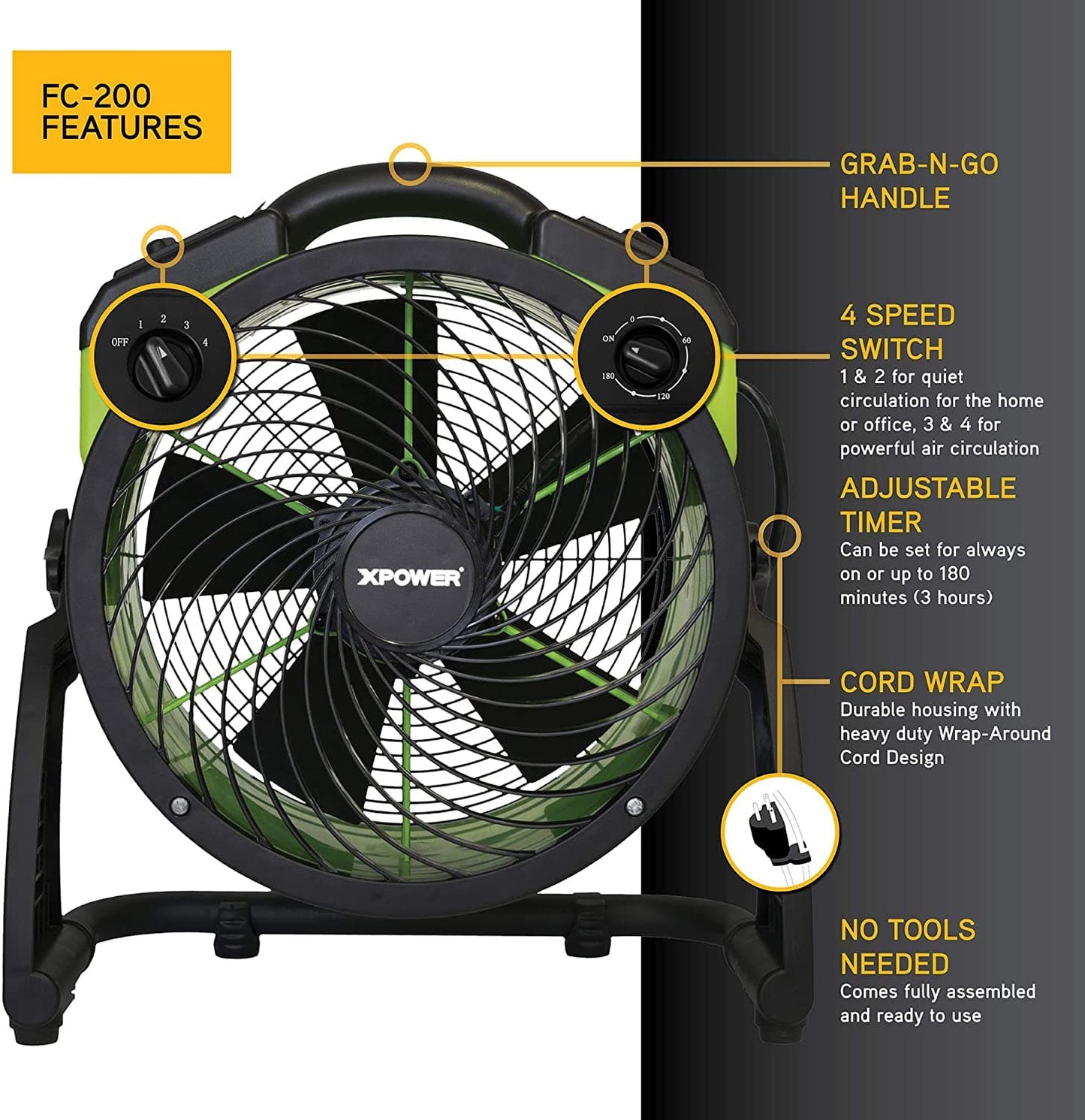 XPOWER FC-200 Heavy Duty Industrial High Velocity Whole Room Air Mover Air Circulator Utility Floor Fan, Variable Speed, Timer, 13 inch, 1300 CFM