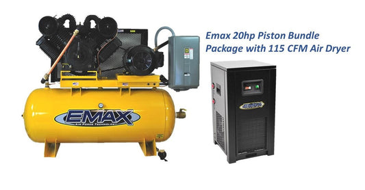 EMAX EP20H120V3PKG E450 Series NON-Silent Industrial Plus Horizontal Piston Air Compressor 20hp, 3 Cyl, 3PH, 120 gallon with 115 CFM Air Dryer Bundle