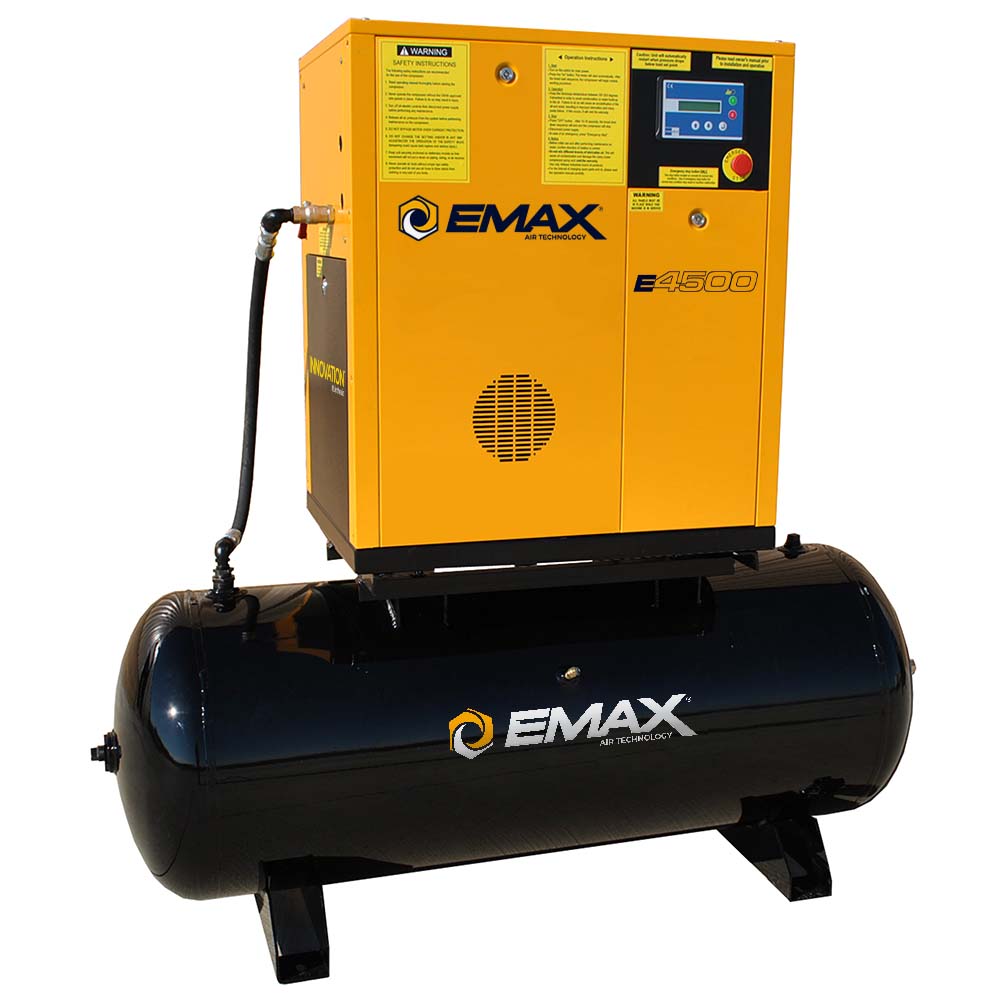 EMAX 7.5HP Single Phase Rotary Screw :: 29CFM Air Dryer :: 120 Gallon  Vertical Tank - Black w/ Auto Drain & Hydraulic Hose